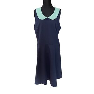 Retro Navy Blue Peter Pan Collar Sleeveless Fit and Flare Dress Plus Size 1X